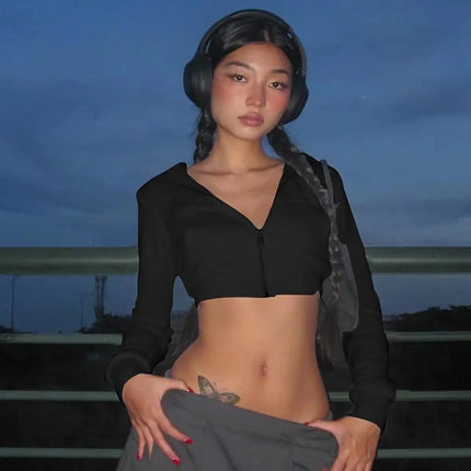Y2K Cropped Hoodie Zip Up Women's Short Casual Jacket 2000s Streetwear Long Sleeve Outerwear Spring Autumn Women Clothing