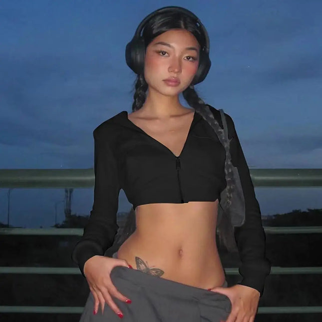 Y2K Cropped Hoodie Zip Up Women's Short Casual Jacket 2000s Streetwear Long Sleeve Outerwear Spring Autumn Women Clothing