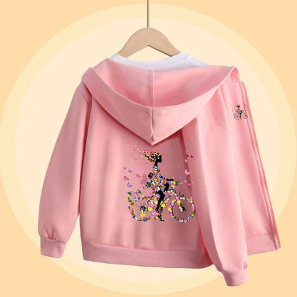 Butterfly Bike Cartoon Sweatshirt for Girls Autumn Long Sleeve Coats Girl Cotton Hoodie with Zipper 5-14T