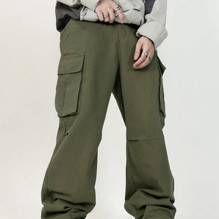 3D pockets, street-bombing workwear, trendy functional lacing, loose-fitting casual pants, men's straight-cut fashion