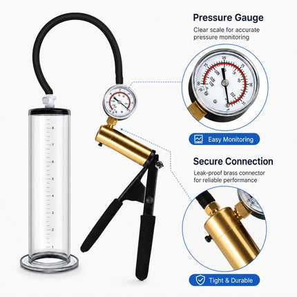 Male Acrylic Cylinder Vacuum Pump Sex Toy with Black Hose Metal Gauge Hand Pump and Man Masturbation Accessories