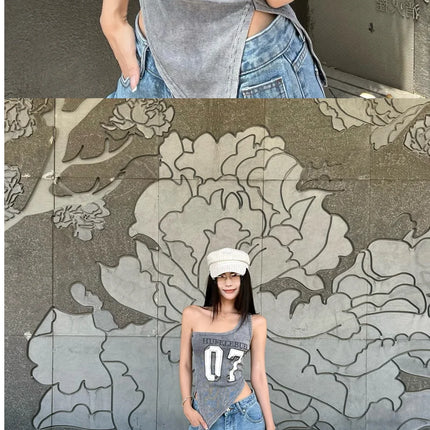 American High Street Hot Girl Slanted Collar Off-Shoulder Irregular Letter Print Camisole Vest Women's Retro Slit Top Y2K 2000s