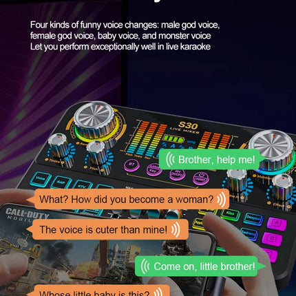 FUHAM S30 audio mixer, live sound card with DJ mixing effects and voice-changing features, music recording equipment sound card