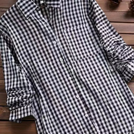 Plus Size Plaid Women's Spring Fall Cotton Linen Long Sleeves Roll Up Striped Casual V Neck Button Down Shirts Collar Tunic Tops