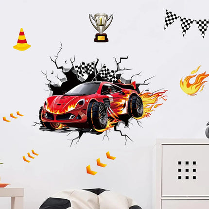 3D Racing Car Wall Decals for Kids Room Monster Truck Break Through Wall Sticker Peel Decal for Baby Boys Bedroom Playroom Decor