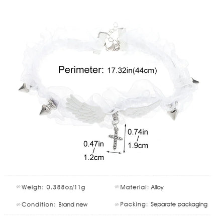 Sexy Black White Lace Lolita Choker Goth Crystal Cross Pendant Angel Wings Rivet Necklace for Women Charm Party Jewelry Gift