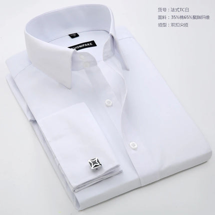 Men's French cufflinks shirt, men's slim fit long sleeved business sleeve nail free business formal men's solid color shirt