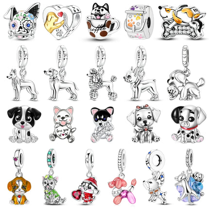 Hot Sale 925 Sterling Silver Dog Paw Print Fixed Clip & Shepherd Dog Dangle Charm Fits Bracelet Beloved Pet Pendant Gifts