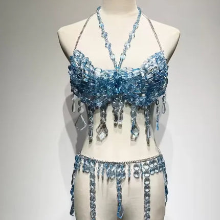 Blue Beaded Bikini Rave Body Party Bridal Wedding Accessories Fringe Chain Mermaid Bra Top Beachwear Lingerie Harness Bralette