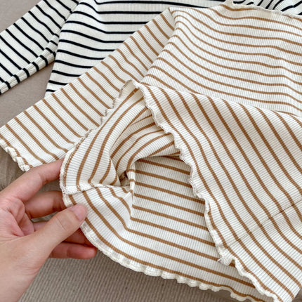 New Baby Long Sleeve T Shirt Girls Cotton Casual Tees Infant Ruffled Versatile Shirts Kids Floral Striped Bottoming Tops