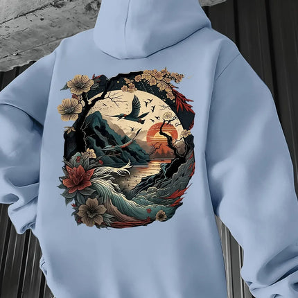 Oversized Unisex Hoodie Oriental Mountain Bird Flower Sunset Back Print 2026 Spring Ulzzang Y2K Viral Street Sweatshirt