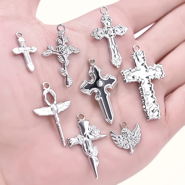 5pcs/Lot High Quality Stainless Steel Cross Pendants For Jewelry Making Supplies Metal Rose Lava Ankh Cross Charms DIY Materials