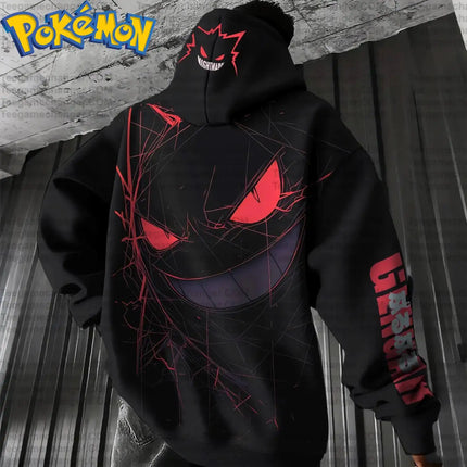 Pokemon Anime Gengar Cotton Hoodie Harajuku Pants Set Black Character Print with Red Eyes Sharp Teeth Pattern Two Piece Outfit