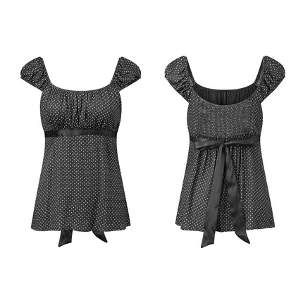 Women Summer Fairy Grunge Y2k Babydoll Shirts Cap Sleeve Micro Polka Dot Tie Back Flowy Slim T-shirts Tops Preppy Clothes