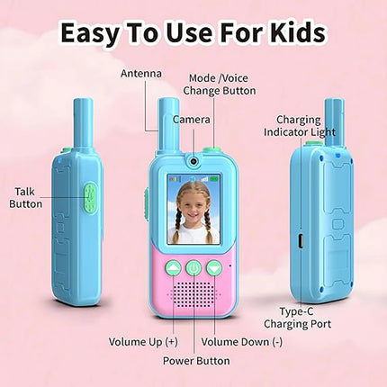 2 Pack Video Walkie Talkies for Kids Ages 3-12, 4 Voice Effects & Screen, Rechargeable, Perfect Holiday Gift for Boys Girls