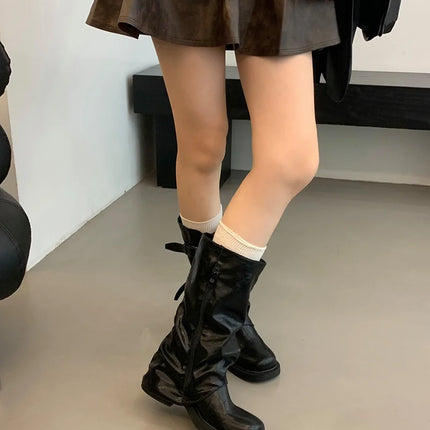 Autumn Winter Vintage Woman Knight Knee High Boots Shoes Ladies Elegant Thick Low Heel Belt Buckle Western Cowboy Botas