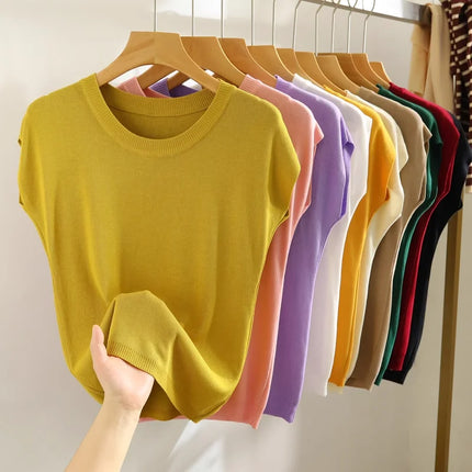 Ice Silk Knitted Top Women's Summer Thin Shoulder Drop Round Neck Short Sleeve T-shirt Pure Color Commute Style Outerwear