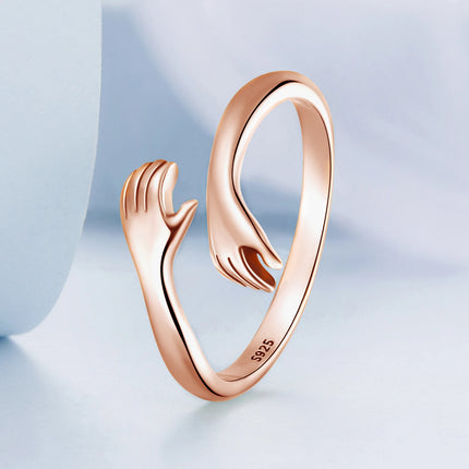 BAMOER 925 Sterling Silver Hug Open Ring Warm Love Hand Adjustable Glossy Ring for Women, His Big Loving Family Party Gift