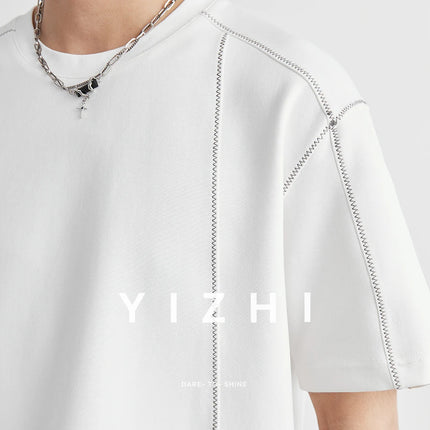 Men's Heavyweight 240g Stitch Trim Split Short Sleeve T-shirt 2026 Summer Crew Neck Loose Drop Shoulder Casual Versatile Top