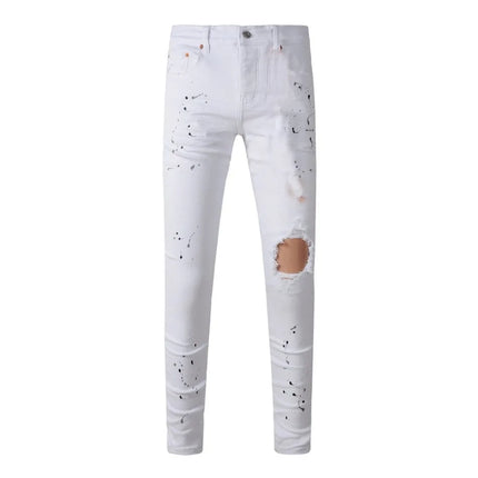 High Street Men's Jeans American Distressed Dark Black Coated Blank Stretch Skinny Button Fly Ripped Pants Trousers