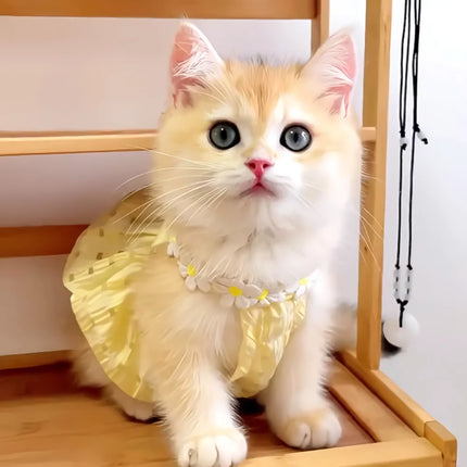 Pretty Small Cat Dress Summer Cute Small Dog Skirt Thin Yellow Floral Wreath Collar Mini Puppy Princess Dress Breathe Cat Skirt