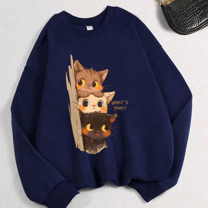 Three Little Cats Are Secretly Watching You Print Hoodie Women Street Loose Sweatshirt Basics Sporty Pullover Winter Clothes