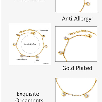 LUXUSTEEL Stainless Steel Anklets for Women Gold Plated Round CZ Crystal Rhinestone Charm Allergy Free Foot Chain Beach Jewelry