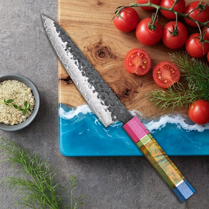 5 inch Japanese Petty Knife Hand Forged Damascus Steel Chef Kitchen Utility Knife Cooking Tool Paring Knife Colored Wood Handle