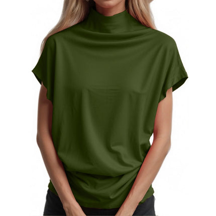 Ladies' New Trendy Fashion Solid Color Soft Turtleneck Top High-End Basic Daily Commute Thin Short Sleeve Pleated Clothing