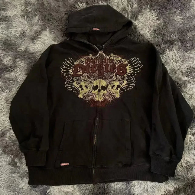 Affliction Gothic Hoodie Y2K New Retro Pattern Oversize Zipper Hoodie For Women Hip Hop Casual Sweatshirt Personality Streetwear