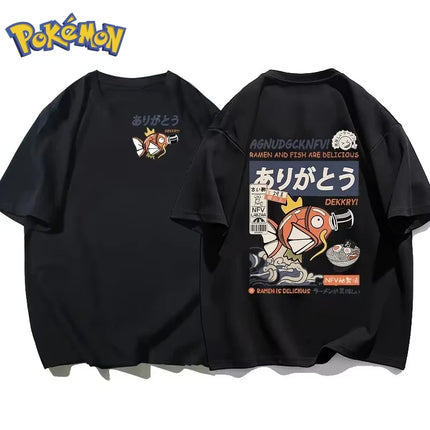 2026 Summer Pokemon Magikarp Ramen Double Sided Print T-Shirt, 100_ Cotton Loose Couple & Family Tee for Travel Game & Sports