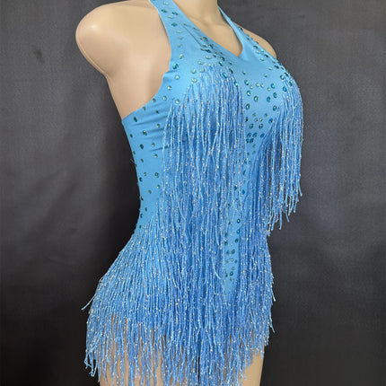Sparkly Rhinestones Fringe Bodysuit Women Nightclub Party Dance Costume Stage Wear Sexy Tassel Leotard Performance Clothing 7G
