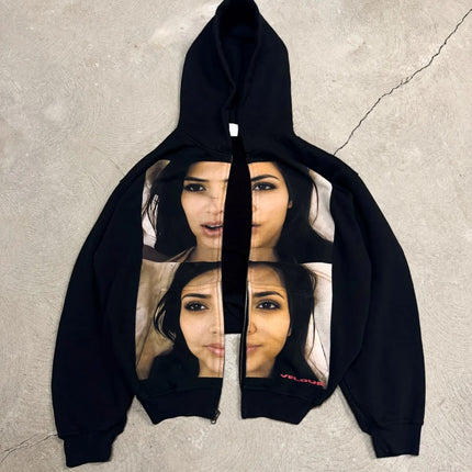Harajuku Casual Print Hoodies Women Grunge Streetwear Sweatshirt Tops Goth Y2k Oversized Zip Up Hoodie Tracksuit Men Clothing