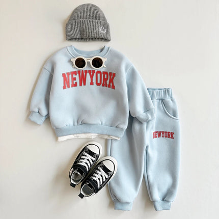 2Pcs Baby Clothing Set Boys Girls NewYork Print Sports Top Pants Suit Sweatshirt Winter Toddler Outfit Thick Newborn Clothes