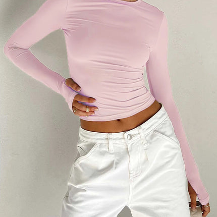 Basic Crewneck Casual Crop Tops for Women Y2K Solid Skinny Long Sleeve Slim Fit Stretchy Cropped Tees T-Shirts with Thumb Holes