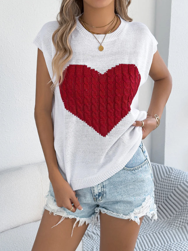 VigoCasey 2025 Summer Lady Love Patchwork Top Women O Neck Short Sleeve Knit Vest Female Casual Loose Pullover Tops Clothes