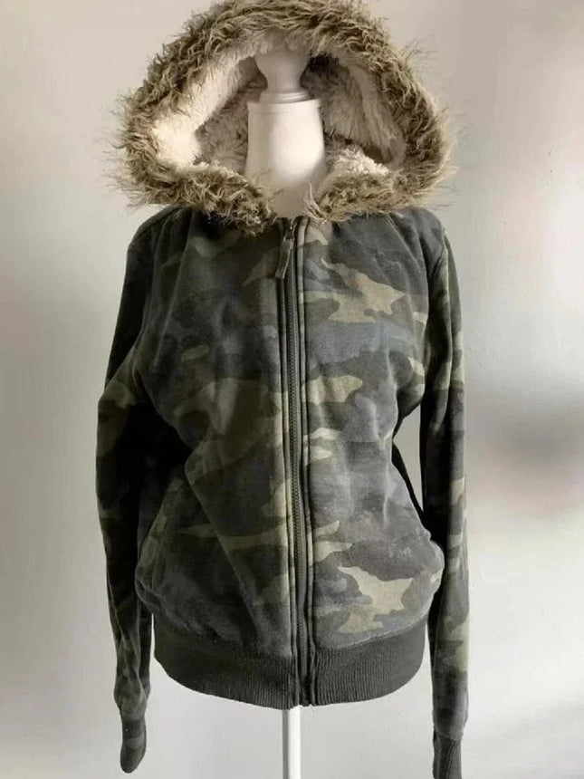 2026 Y2K Gothic Punk Faux Fur Hooded Jacket Women Printed Vintage American Harajuku Subculture Black Casual Streetwear