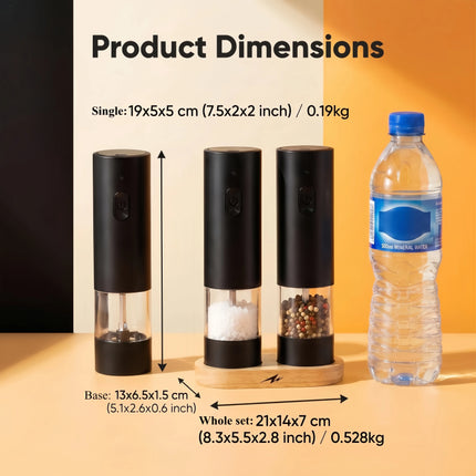 Rechargeable Electric Salt&Pepper Grinder Set with Wood Base, Automatic One‑Hand Operated Spice Mill with Adjustable Coarseness