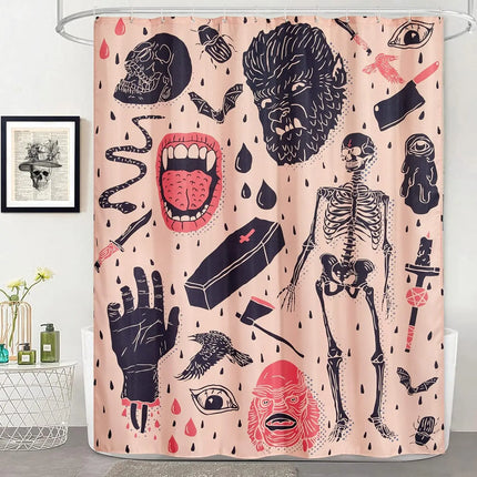 Y2K Vintage Halloween Shower Curtain Set Blush, Heavy Duty Waffle Fabric, Creepy Gothic Skeleton Skulls Bats Fun Cute
