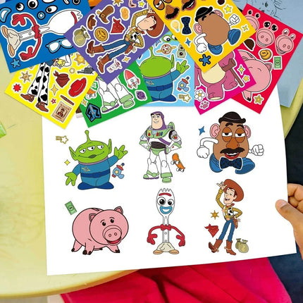 16Sheets Disney Toy Story Puzzle Stickers Game Make a Face Children DIY Toys Secret for Bottle Travel Bag Aesthetic Decals