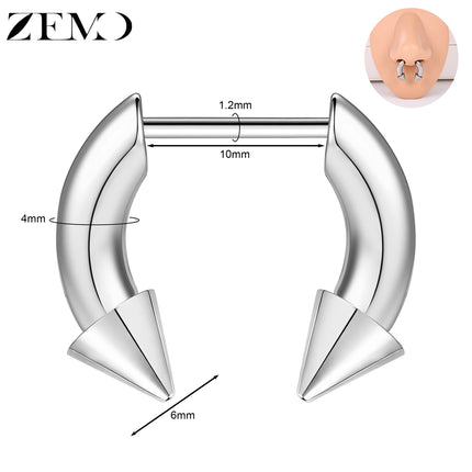 ZEMO 1 Piece 16G Horn Nose Ring Stainless Steel Threadless Septum Ring Spike Ox Horn Ear Helix Nostril Piercing Jewelry 8MM/10MM