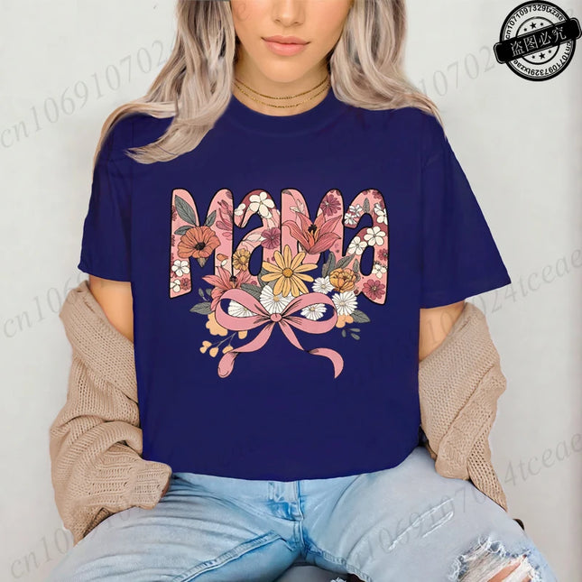 Floral Coquette T-Shirt,Pink Bow Tee Floral Mama T-Shirt for Women Vintage Retro Mama Shirt Wildflowers Mama Women's Clothing