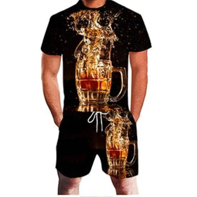 3D Beer Print Sport Moisture-Wicking Breathable Men T-Shirt Shorts Fun Cool Street Cosplay Casual Fashion Trend Pants Set Summer
