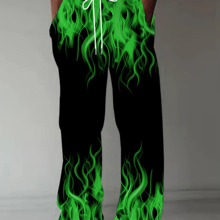 Fashion Men's Pants Casual Retro Flame Print Straight Leg Pants Summer Men'S Loose Fit Trousers With Drawstring As Gift