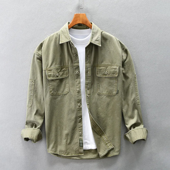 Winter Fall Fashion Men's Multi Pocket Patchwork Vintage Cargo Shirt Solid Color Long Sleeve 100% Cotton Loose Daily Tops Blouse
