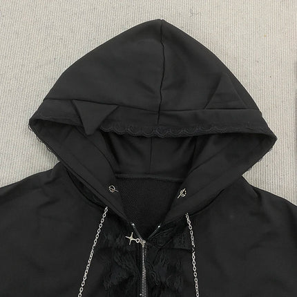 Gothic Style Hooded Zipper Cardigan Sweatshirt Women's Long Sleeve Lace Decoration Loose Lace up Jacket Summer New
