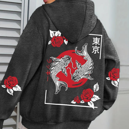 Tokyo Koi Fish Rose Harajuku Print Women Hoodie Loose Casual Hoody Autumn Multicolor Streetwear All-Match Fleece Clothes