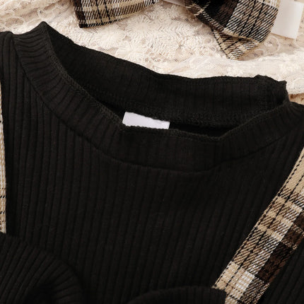 New Baby Girl Spring And Autumn Black Checkered Fake Two-piece Big Bow Headband Dress For Daily Outdoor Wear