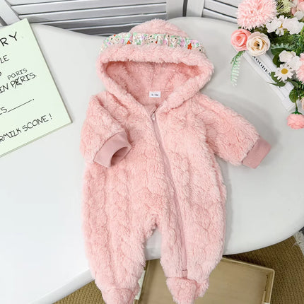 Pink Fluffy Baby Romper Suit with Hood Autumn Winter Warm Cute Crawler Soft Girl Outfit Attention-Grabbing Street Style for Baby