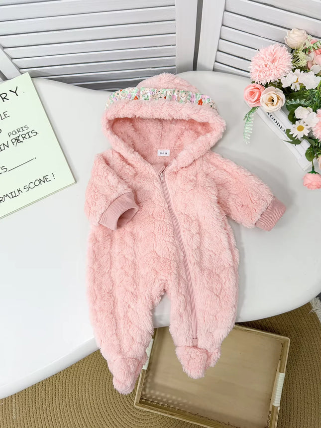 Pink Fluffy Baby Romper Suit with Hood Autumn Winter Warm Cute Crawler Soft Girl Outfit Attention-Grabbing Street Style for Baby